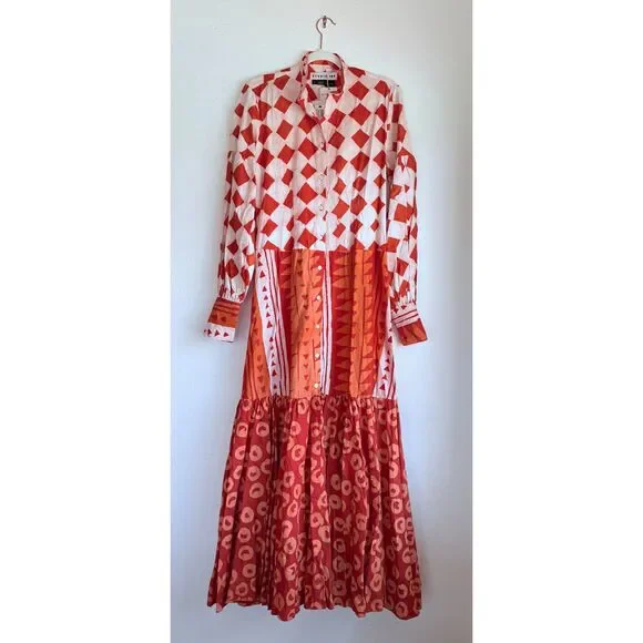 NWT Studio 189 Cotton Maxi Blouson Sleeve Shirt Dress in Orange Size Small